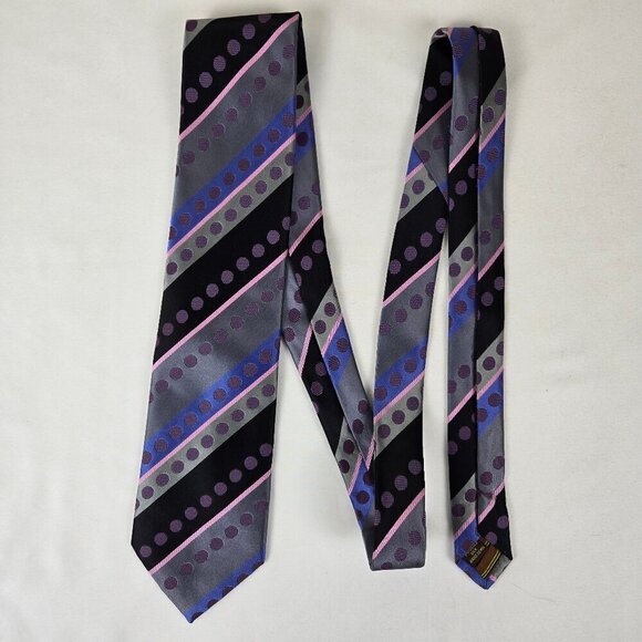 BCBG Attitude 100% Silk Men's Tie Black Gray Blue Pink Stripes Polka Dots - Picture 2 of 7